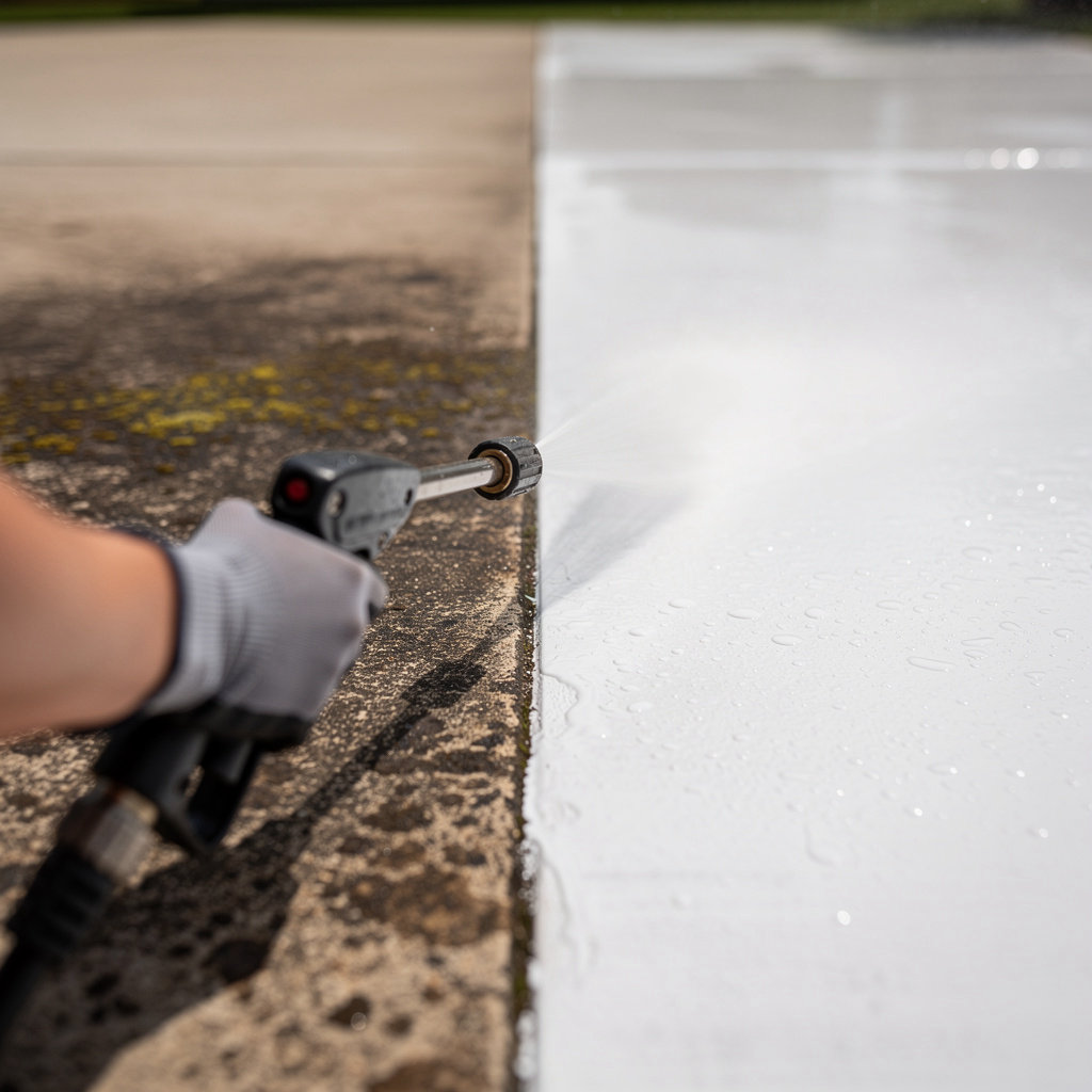 Nashville Pressure Washing concrete cleaning before and after results showing stain removal on a driveway